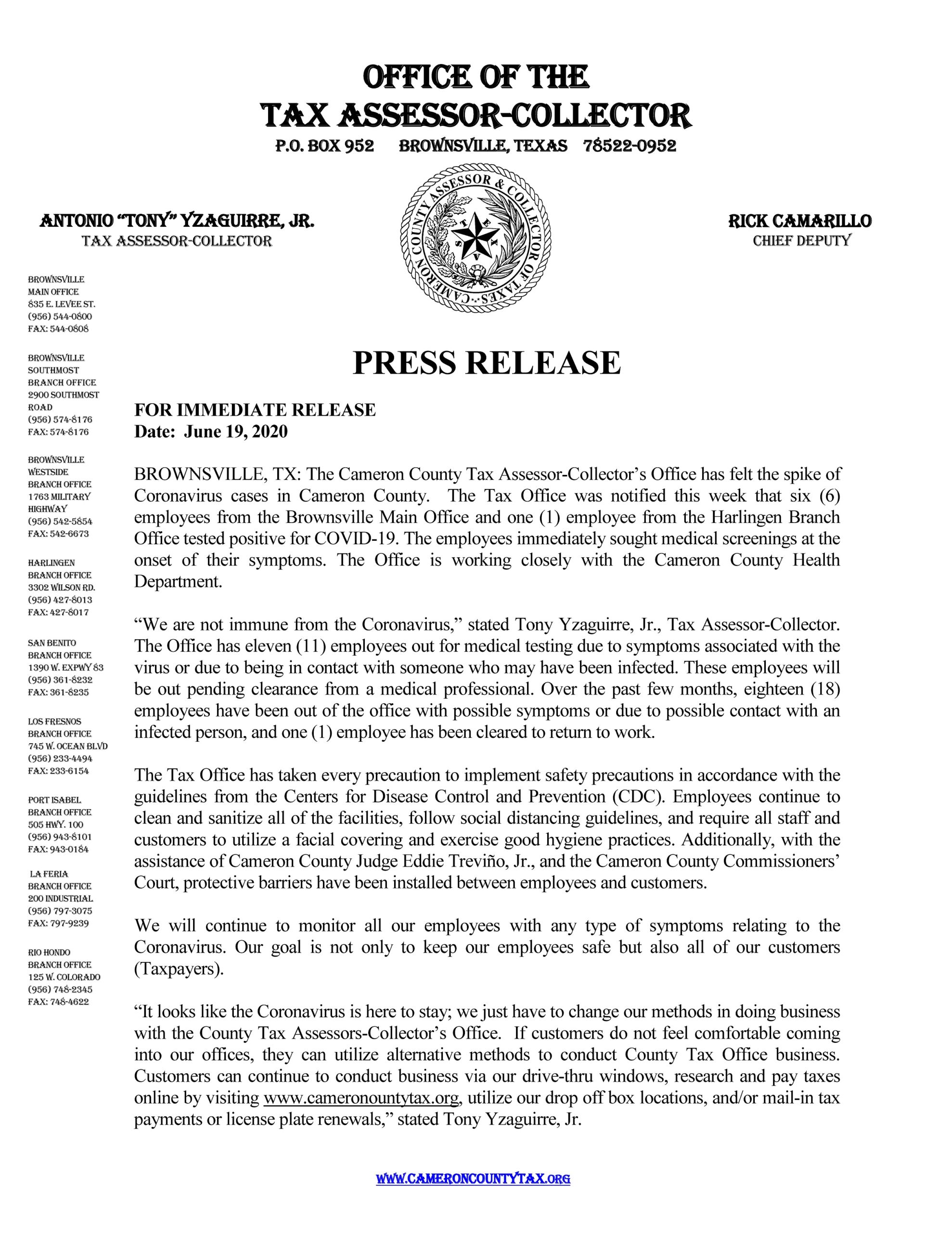 Tax Assessor Collector's Office COVID-19 Press Release - Cameron County