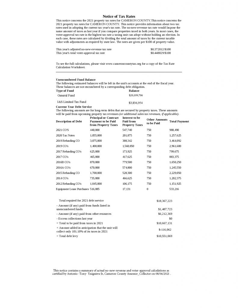 Notice of Tax Rates - Cameron County