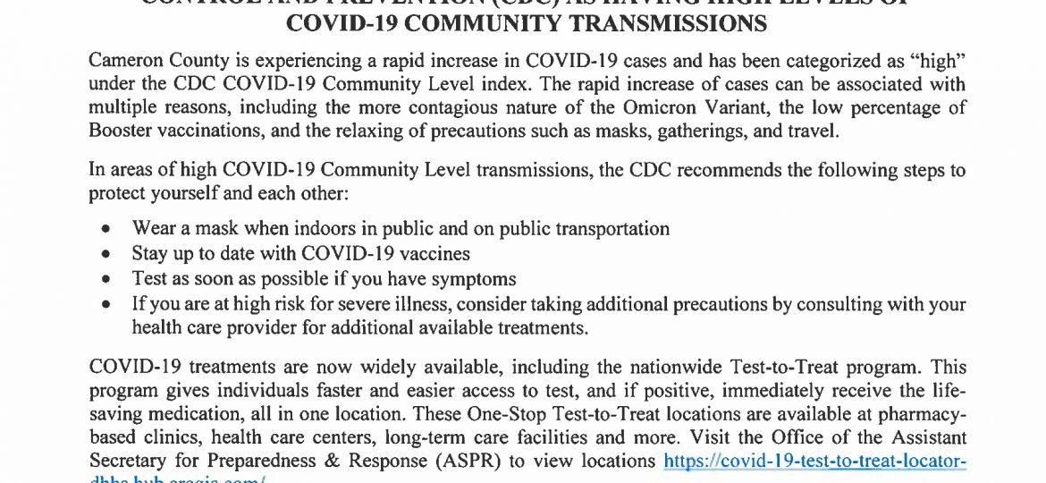 6.29.22 Cameron County Designated by the CDC as having High Levels of COVID-19 Community Transmissions