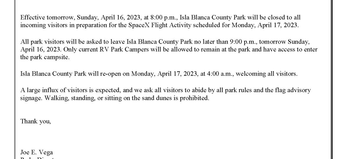 PR_Isla Blanca Park Hours__Sunday April 16th Monday April 17th_4-15-23