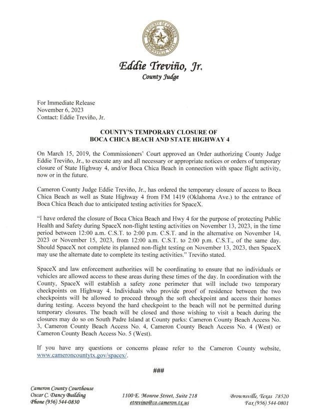 2023.11.13 - Press Release on Order of Closure Related to SpaceX Flight