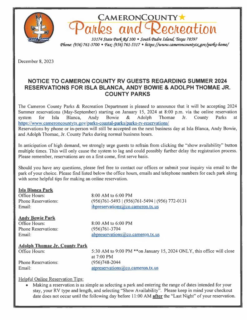 2024 Summer Reservations Release Notice Cameron County   2024 Summer Reservations Release Notice Page 1 791x1024 