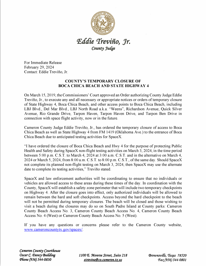 Order Closing Boca Chica Beach and State Hwy 4; March 7, 2024 with an ...