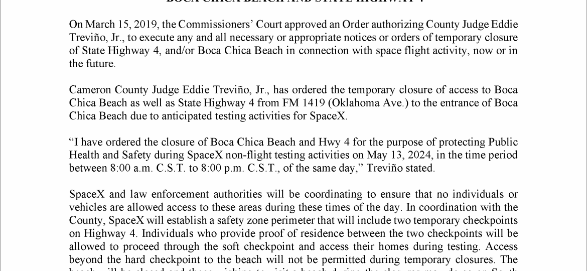 Press Release on Order of Closure Related to SpaceX Flight.05.13.2024