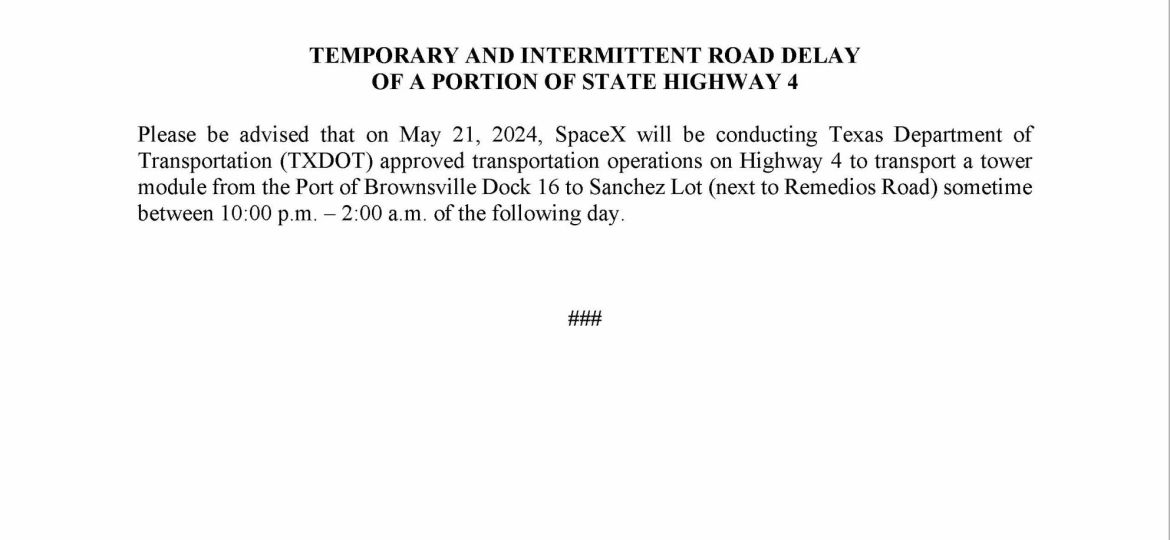 Road Delay Press Release.05.21.2024