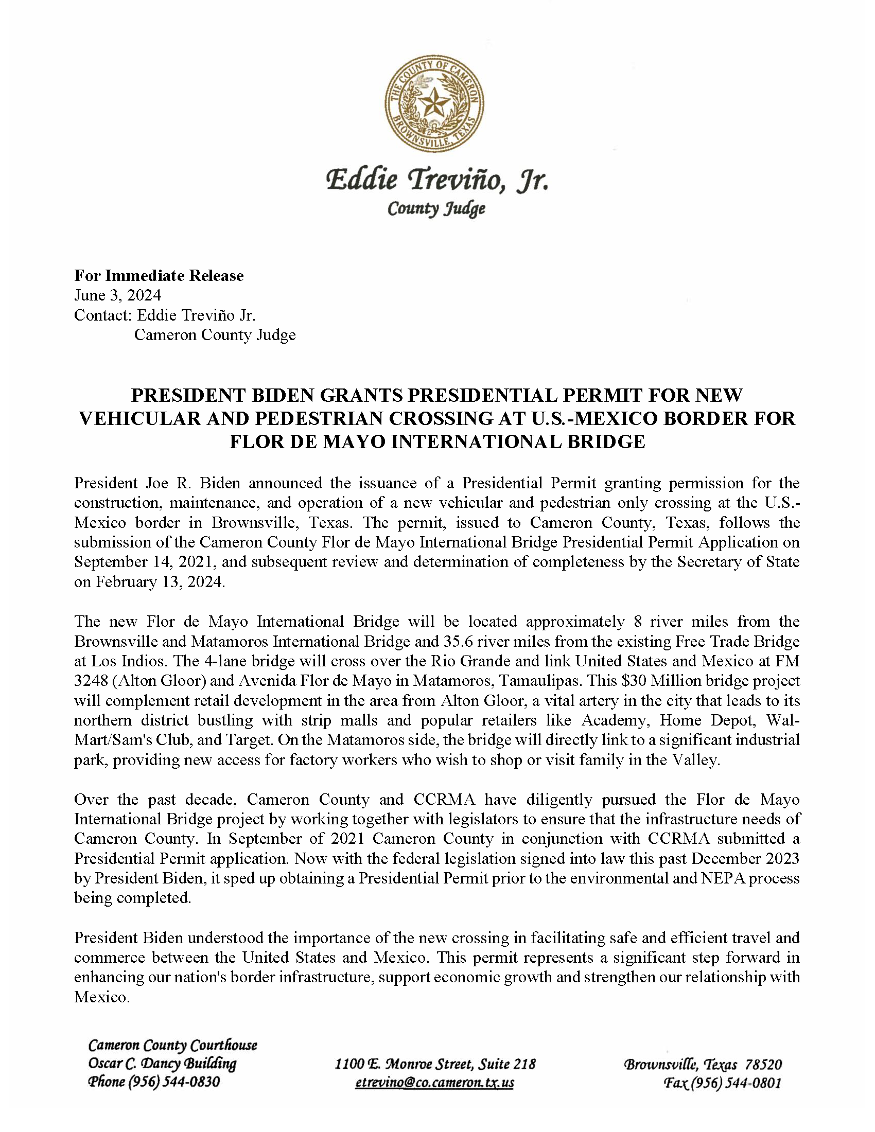06.03.2024 Press Release Flor De Mayo Presidential Permit Page 1