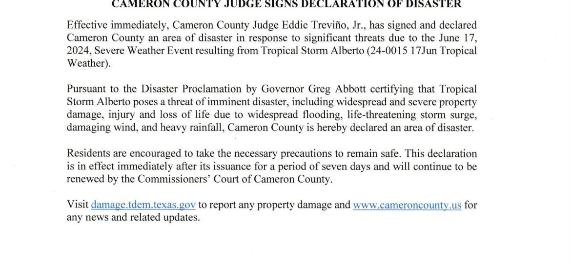 2024.06.20 - Press Release - English - Declaration of Disaster - Tropical Storm Alberto