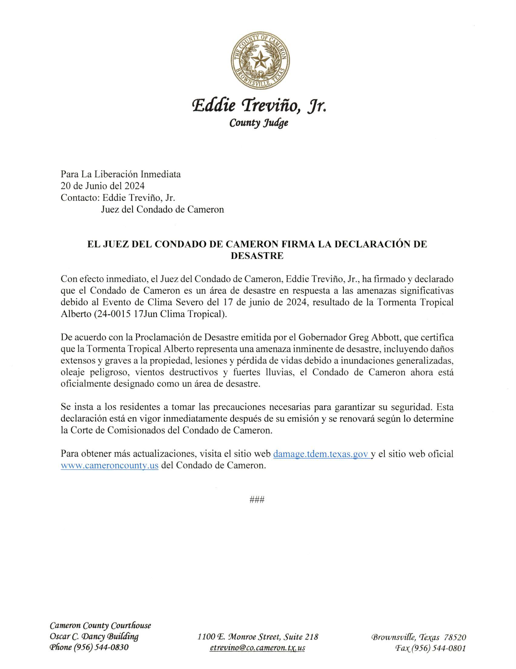 2024.06.20 Press Release Spanish Declaration Of Disaster Tropical Storm Alberto
