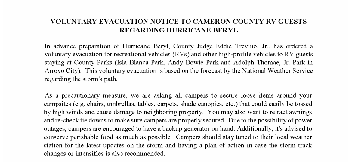 2024.7.3 Hurricane Beryl - Volunatary Evacuation Press Release (003)