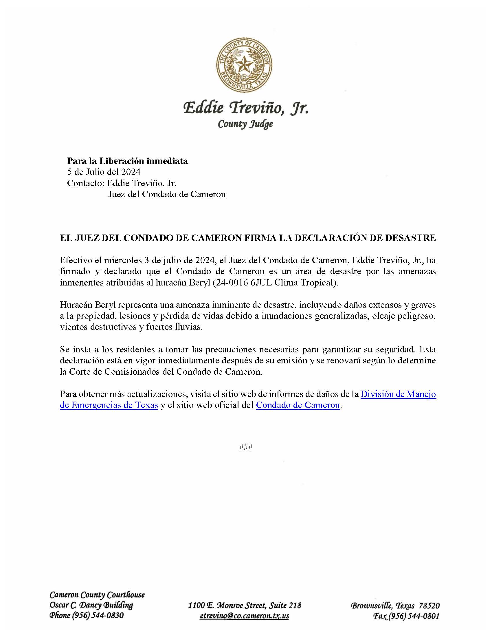 2024.7.5 Press Release Declaration Of Disaster Hurricane Beryl Spanish 002