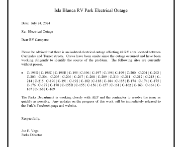 Carrizales & Turner Power Outage Notice to RV Guests_7.24.24
