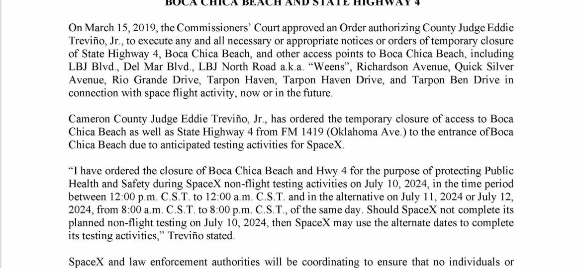 Press Release on Order of Closure Related to SpaceX Flight.07.10.2024