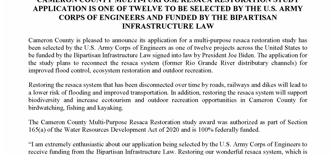 2024.9.5 PRESS RELEASE - RESACA RESTORATION STUDY APPLICATION SELECTED (002)