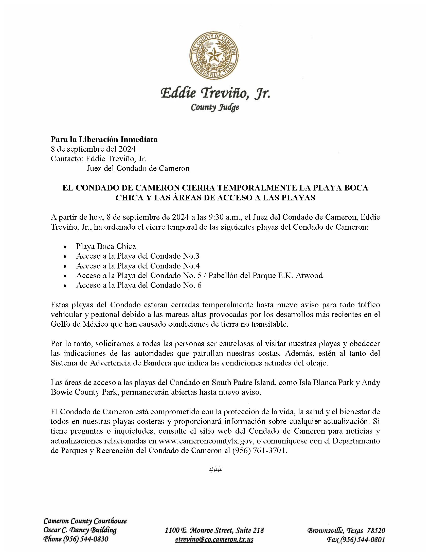 Press Release  Temporary Closure Of County Beach Access Areas 9 8 24 Spanish 002