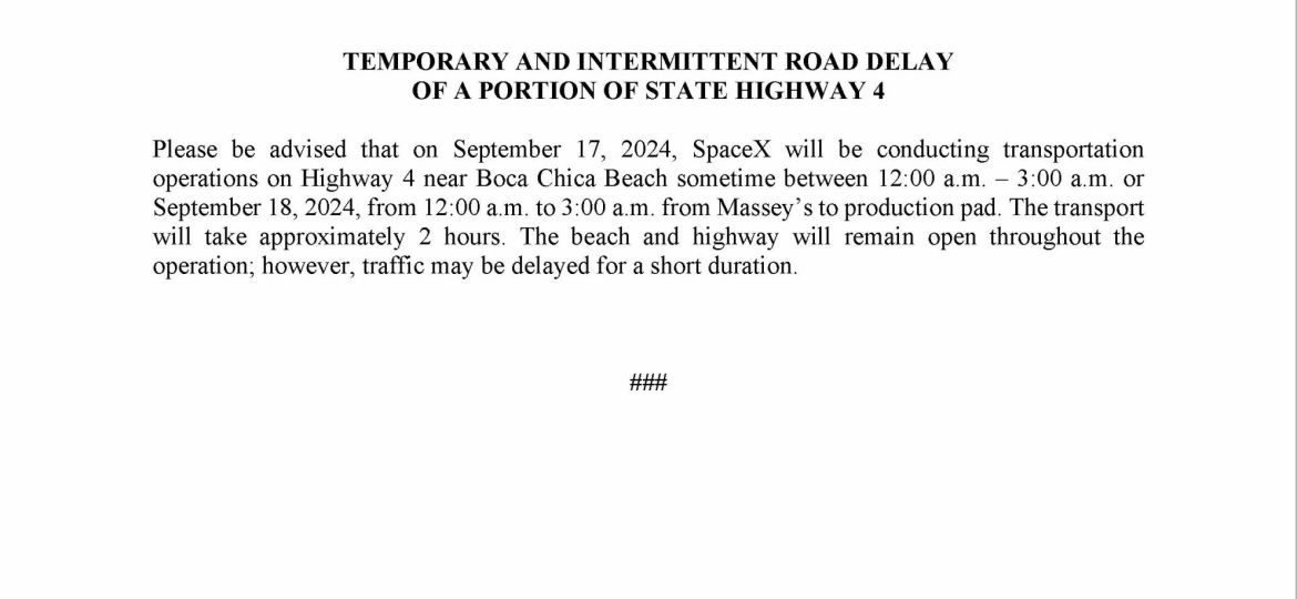 Road Delay Press Release..09.17 or 18.2024