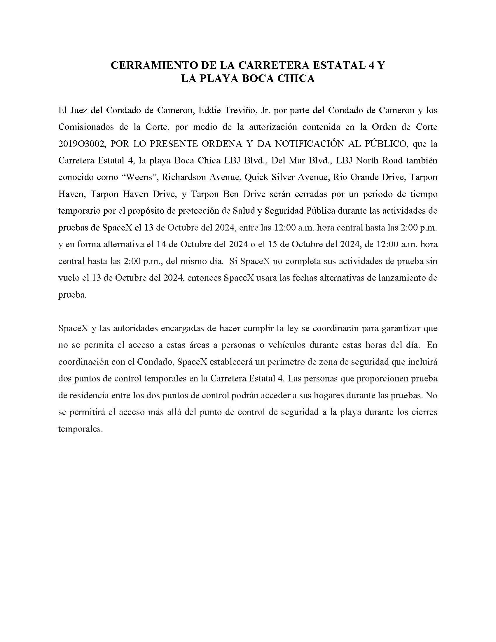 ORDER.CLOSURE OF HIGHWAY 4 Y LA PLAYA BOCA CHICA.SPANISH.10.13.2024