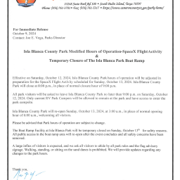 PR Isla Blanca Park Modified Hours Of Operations   Saturday October 12 2024 Sunday October 13 2024 Boat Ramp Closure Space X Flight Activity Draft 10 9 24 002