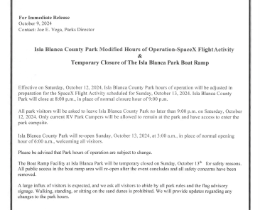 PR_Isla Blanca Park Modified Hours of Operations__ Saturday October 12 2024_Sunday October 13 2024_Boat Ramp Closure_Space X Flight Activity_Draft_10-9-24 (002)