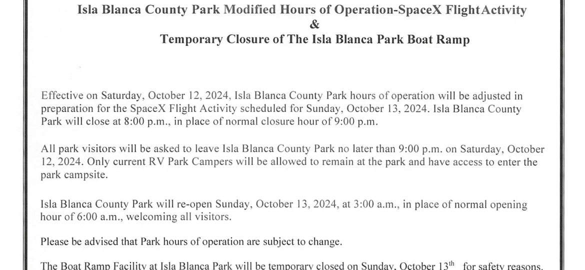 PR_Isla Blanca Park Modified Hours of Operations__ Saturday October 12 2024_Sunday October 13 2024_Boat Ramp Closure_Space X Flight Activity_Draft_10-9-24 (002)