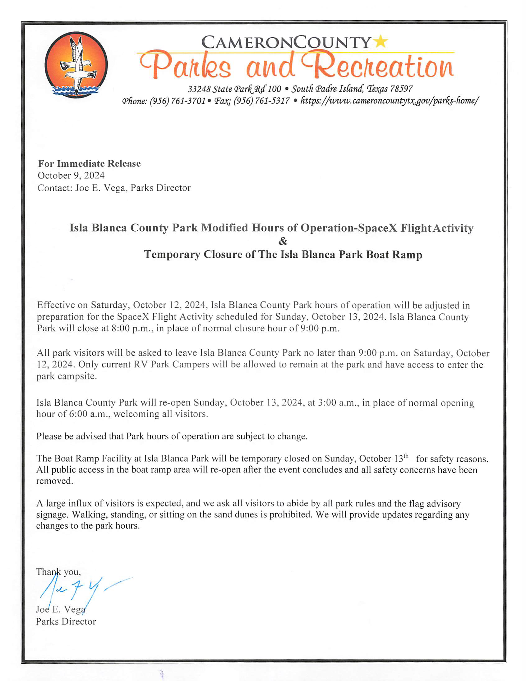 PR Isla Blanca Park Modified Hours Of Operations   Saturday October 12 2024 Sunday October 13 2024 Boat Ramp Closure Space X Flight Activity Draft 10 9 24 002