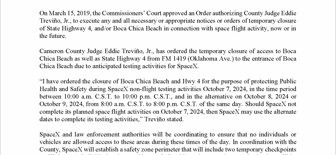 Press Release on Order of Closure Related to SpaceX Flight.10.07.2024