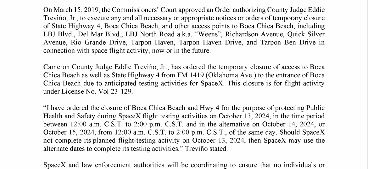 Press Release on Order of Closure Related to SpaceX Flight.10.13.2024