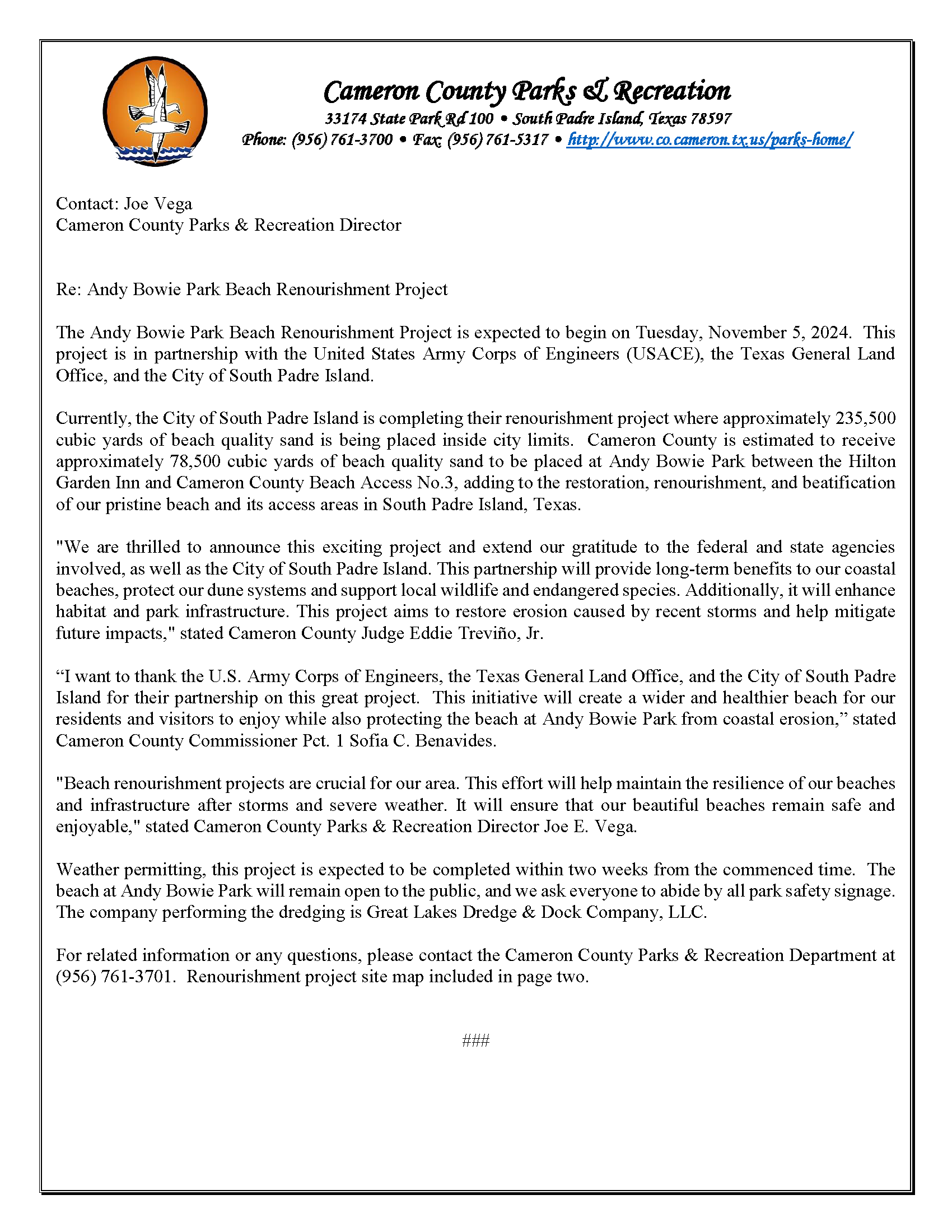 Andy Bowie Park Beach Nourishment Project Press Release 11 5 24 002