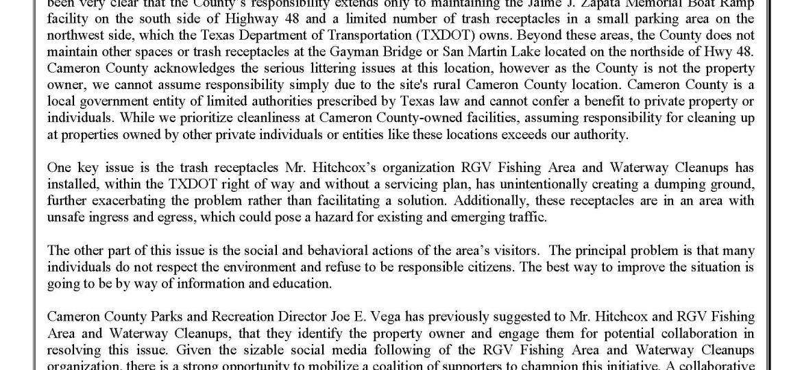 Cameron County Statement Concerning Trash Claims made by Richard Hitchcox