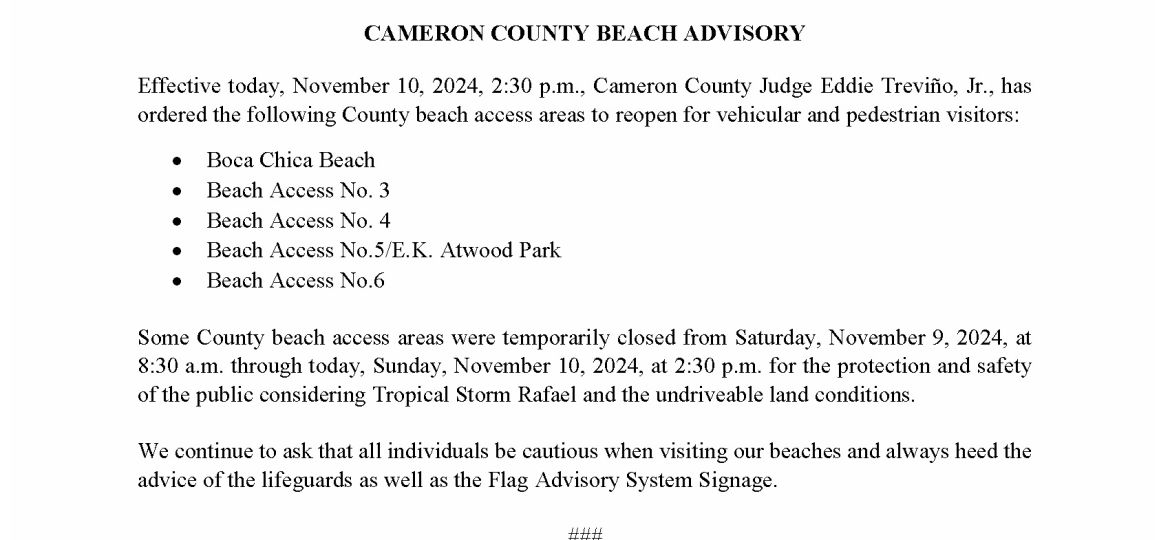 PR_Cameron County Reopening of Beaches_English_11-10-24__Revised (003)