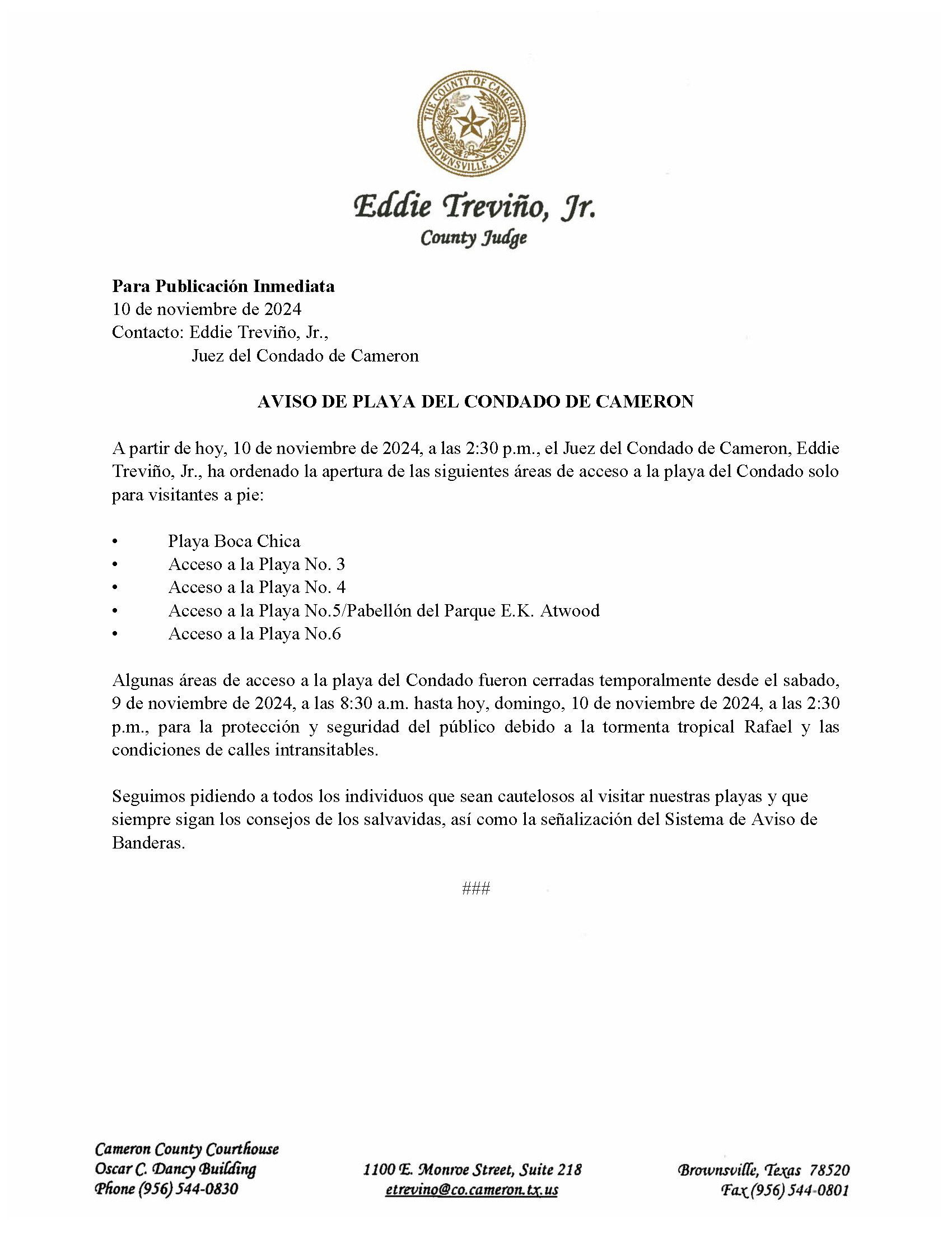 PR Cameron County Reopening Of Beaches Spanish 11 10 24  Revised 002