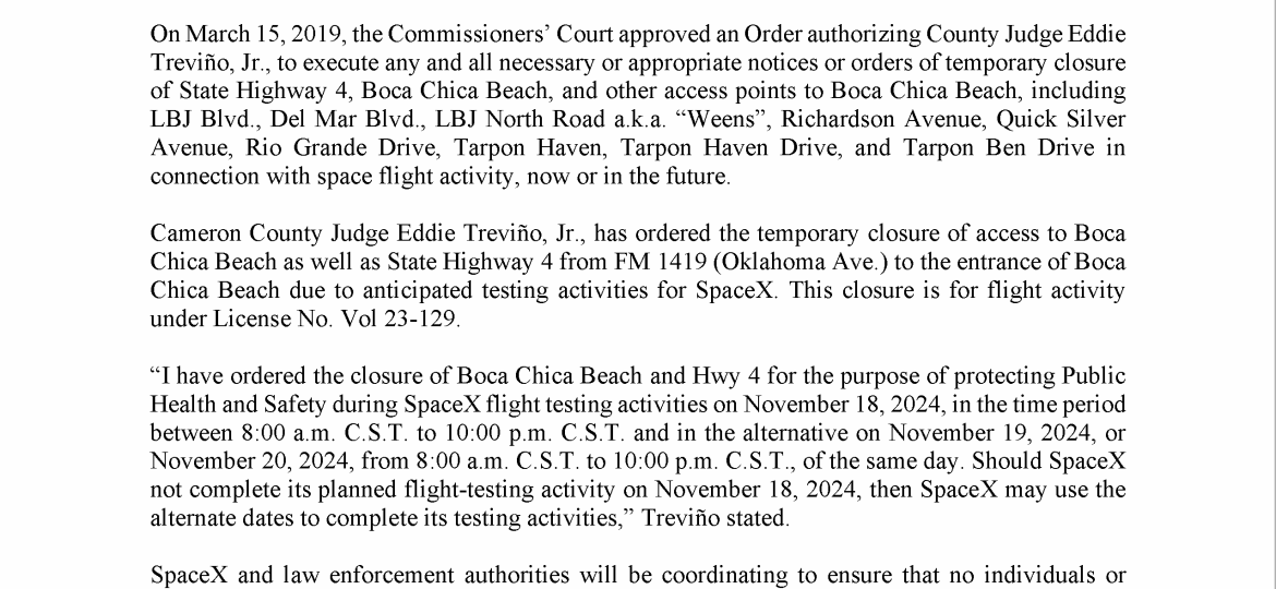 Press Release on Order of Closure Related to SpaceX Flight.11.18.2024 (002)