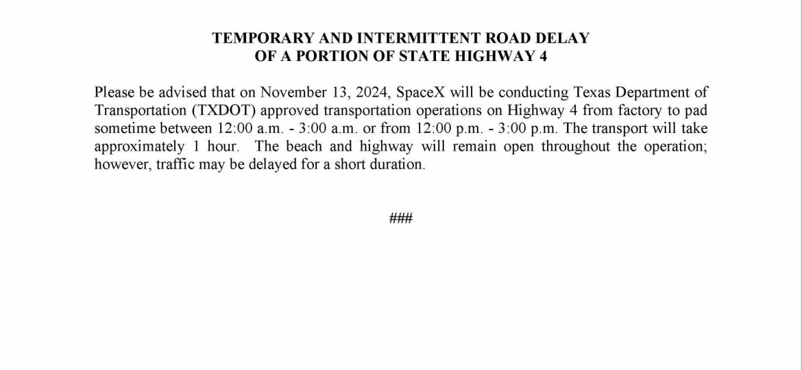 Road Delay Press Release.11.13.2024