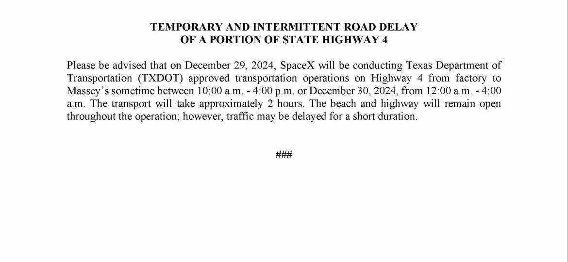 Road Delay Press Release.12.29.24