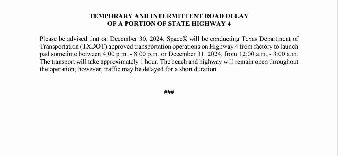 Road Delay Press Release.12.30.24