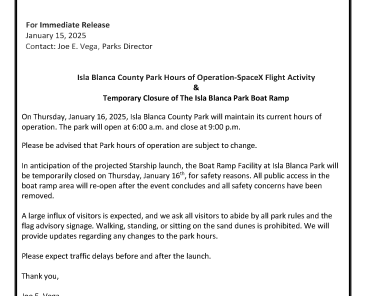 1.16.25_PR_Isla Blanca Park Hours of Operations__ Boat Ramp Closure_Space X Flight Activity_Thursday January 16 2025