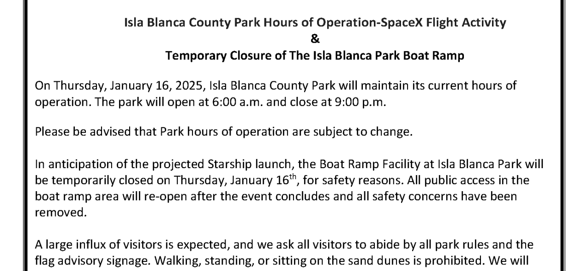 1.16.25_PR_Isla Blanca Park Hours of Operations__ Boat Ramp Closure_Space X Flight Activity_Thursday January 16 2025