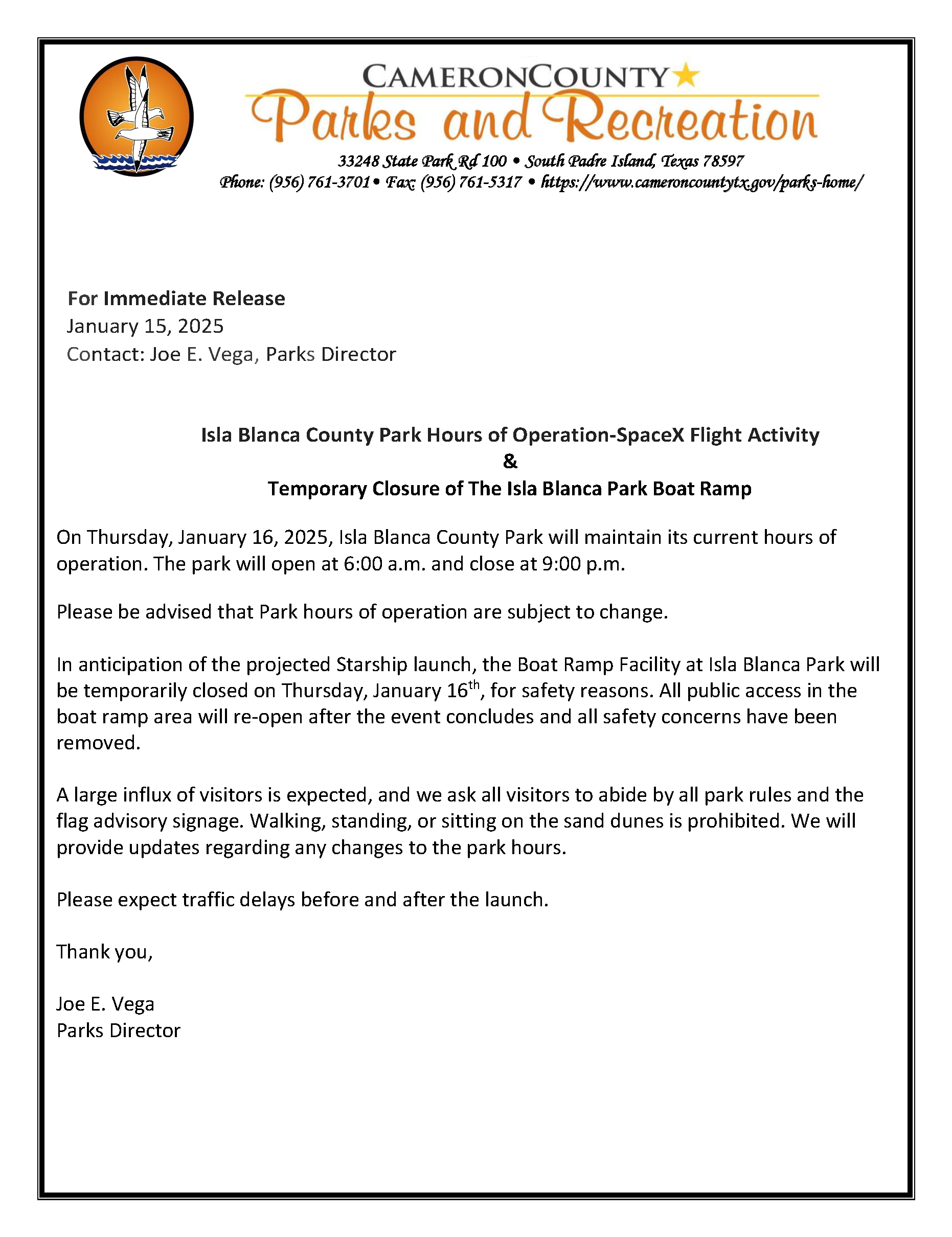 1.16.25 PR Isla Blanca Park Hours Of Operations   Boat Ramp Closure Space X Flight Activity Thursday January 16 2025