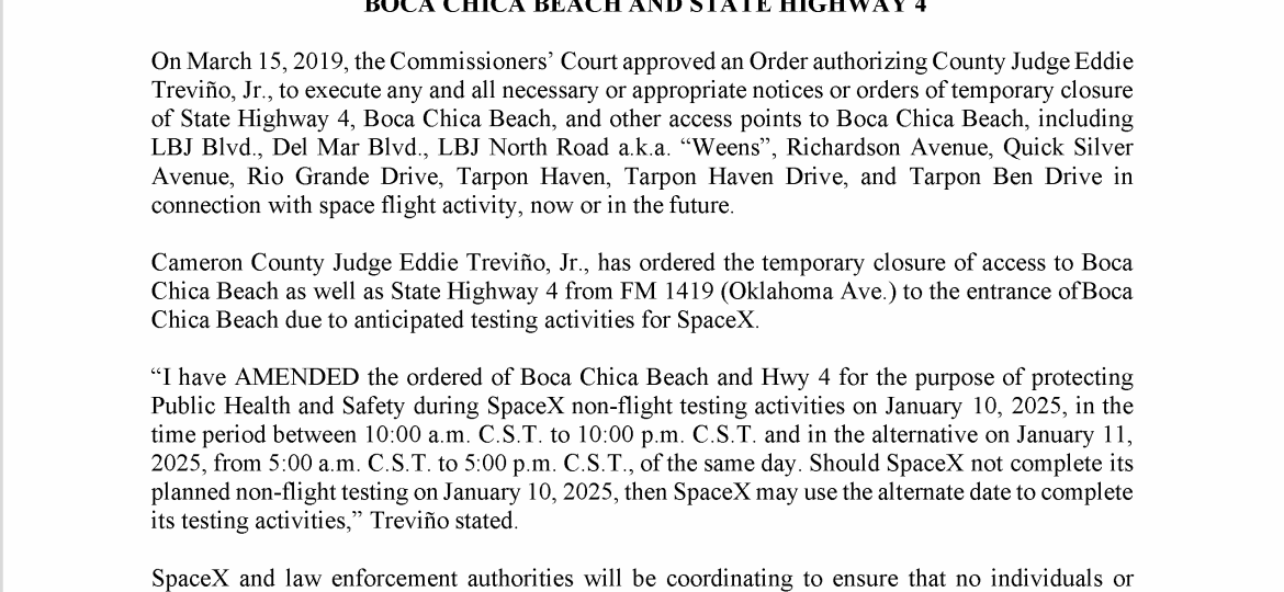 AMENDED Press Release on Order of Closure Related to SpaceX Flight.01.10.2025
