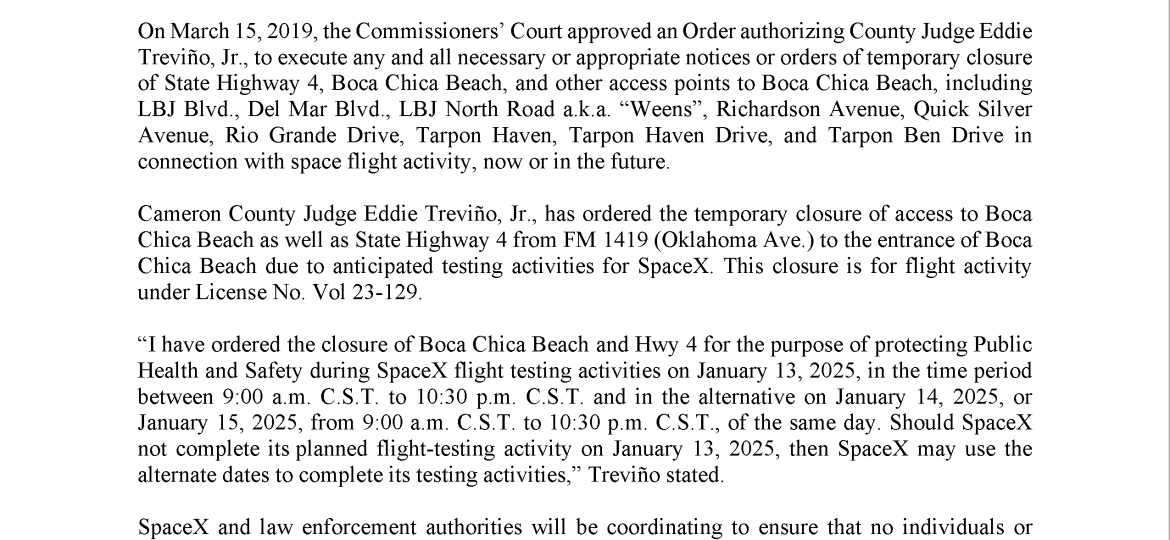 Press Release on Order of Closure Related to SpaceX Flight.01.13.2025 (002)