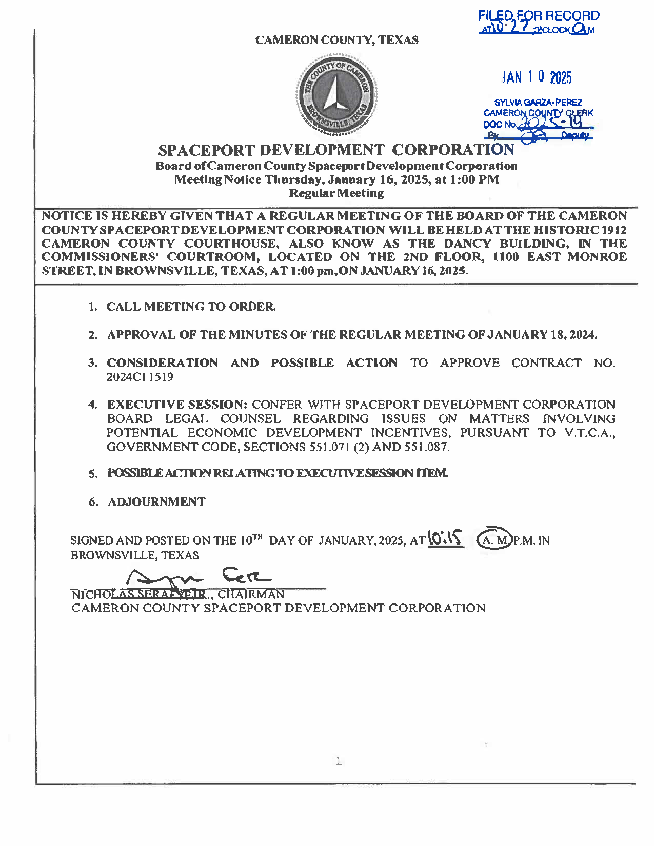 SPACEPORT DEVELOPMENT CORPORATION MEETING AGENDA JANUARY 16 2025